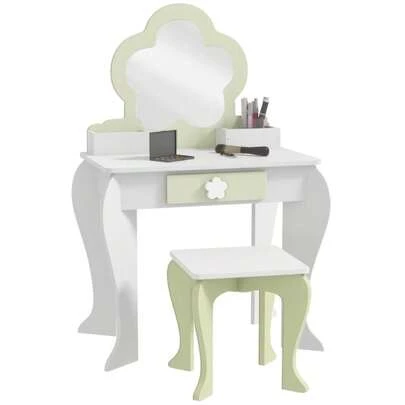 Kids Vanity Table Set With Mirror & Stool | Flower-Design Dresser With Drawer & Storage Boxes For Ages 3-6, White