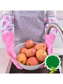 2pcs Long Cuff Waterproof Rubber Gloves, Warm Lining, For Household Cleaning, Dishwashing, Laundry - Multicolor - View 1