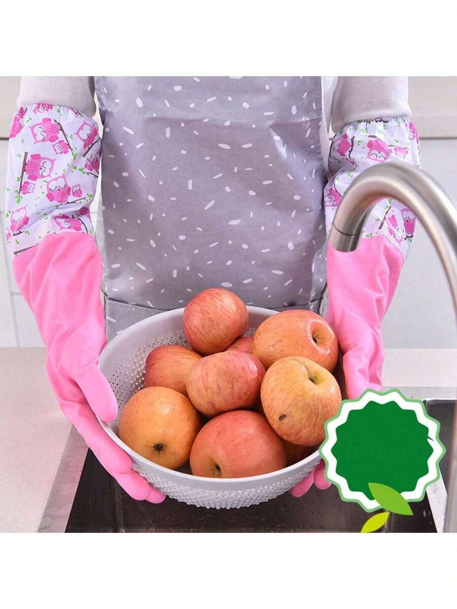 2pcs Long Cuff Waterproof Rubber Gloves, Warm Lining, For Household Cleaning, Dishwashing, Laundry - Multicolor - View 1