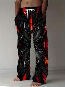 Men'S Retro Straight-Leg Joggers With Dragon Flame Print - Loose Fit, Drawstring Waist, Casual Comfort Pants For Teens & Adults, Black & Red Design, Comfortable Clothing |   Bold Pattern Pants |   Polyester Blend - 彩色 - 查看 2