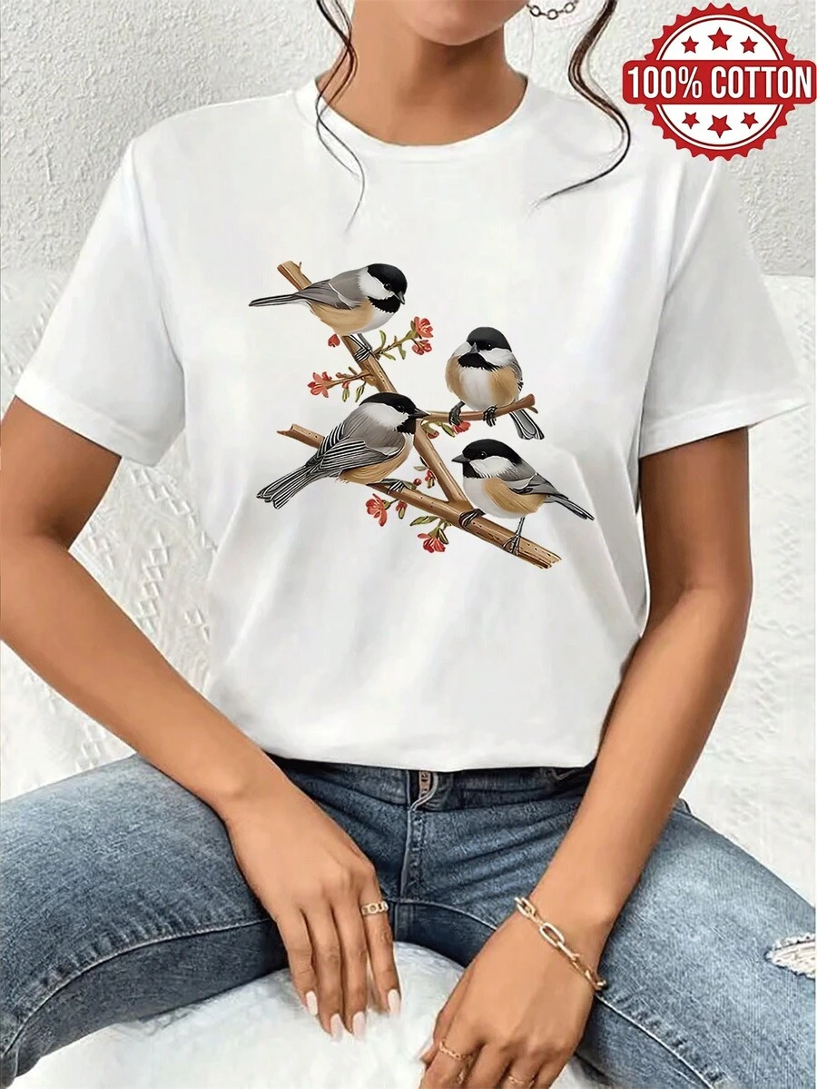 1PC 100% Cotton Cute Chickadee Bird with Flower Print Women's Short Sleeve TShirt, Perfect Birthday Gift, Holiday Gift - Blanco - Ver 1