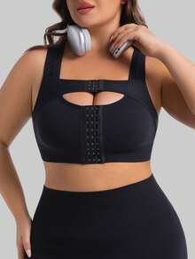 1pc Plus Size Women Casual Fashion Front Closure Adjustable Supportive Sports Bra, Seamless Soft Comfortable Wide Strap Full Coverage Tight-Fitting Bra, Removable Pads, Suitable For Daily Wear, Fitness, Yoga - Black - View 5