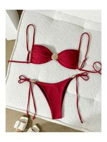 Thin Strap Thong Bikini With Side Tie, Shell Buckle, And Padded Cups - Đỏ - Xem 1