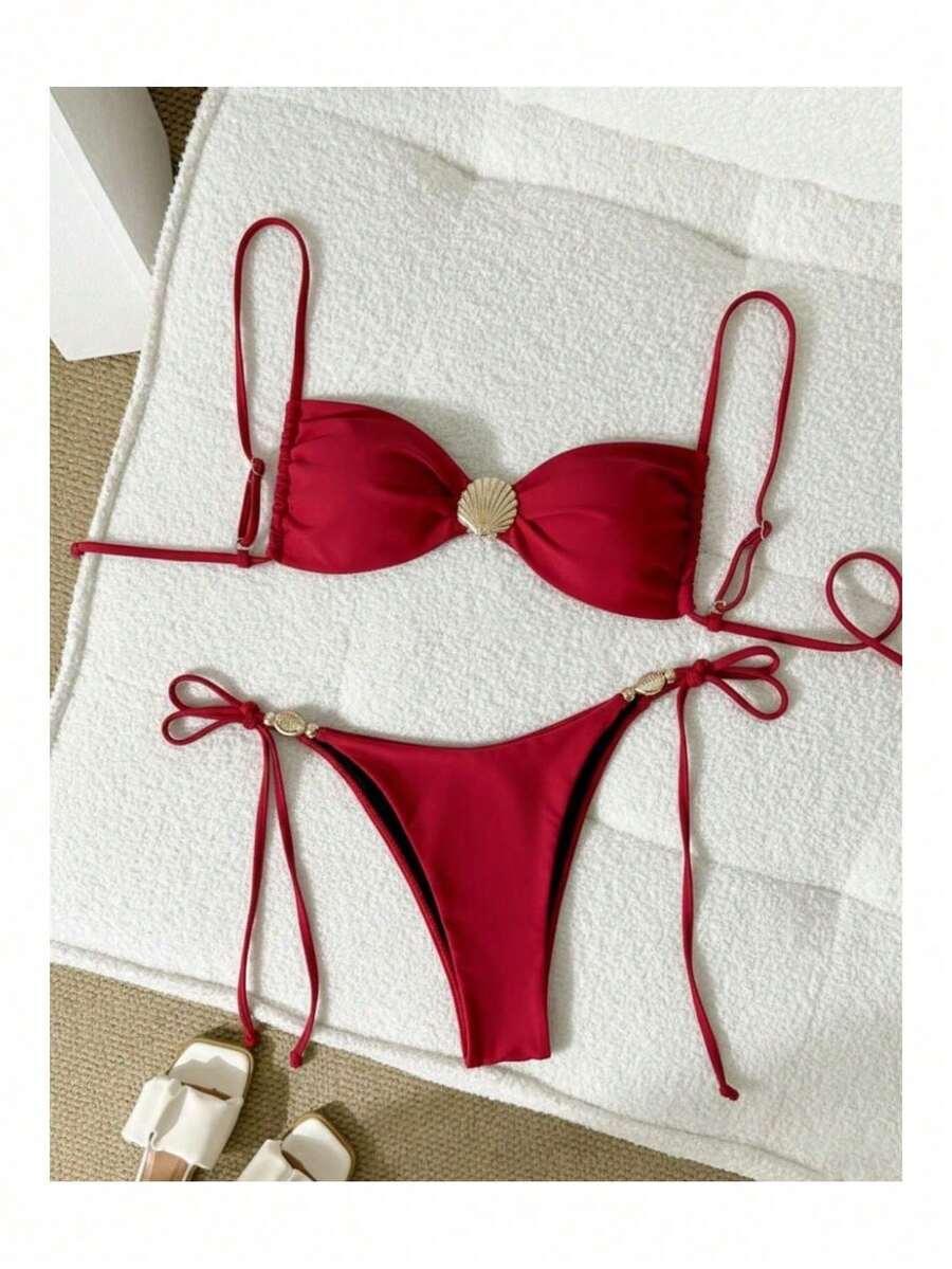 Thin Strap Thong Bikini With Side Tie, Shell Buckle, And Padded Cups - Đỏ - Xem 1