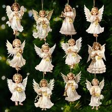12pcs Angel Wooden Hanging Ornaments - White Angels With Golden Bells & Ribbons, Perfect For Home, Window, Fireplace, And Party Decor, Festive Spring & Country Style, Ideal Gift For Celebrations, Party Ornament | Angel Design | Wooden Construction, Angel Decor