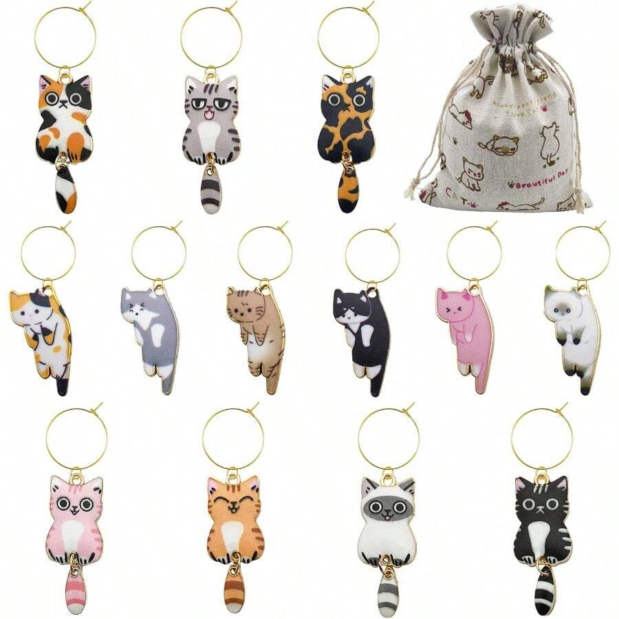 SLAWCat Themed Wine Glass Markers - Set Of 13 13 Pcs Cat Charms For Wine Party Decorations - 13件貓咪掛件 - 查看 1