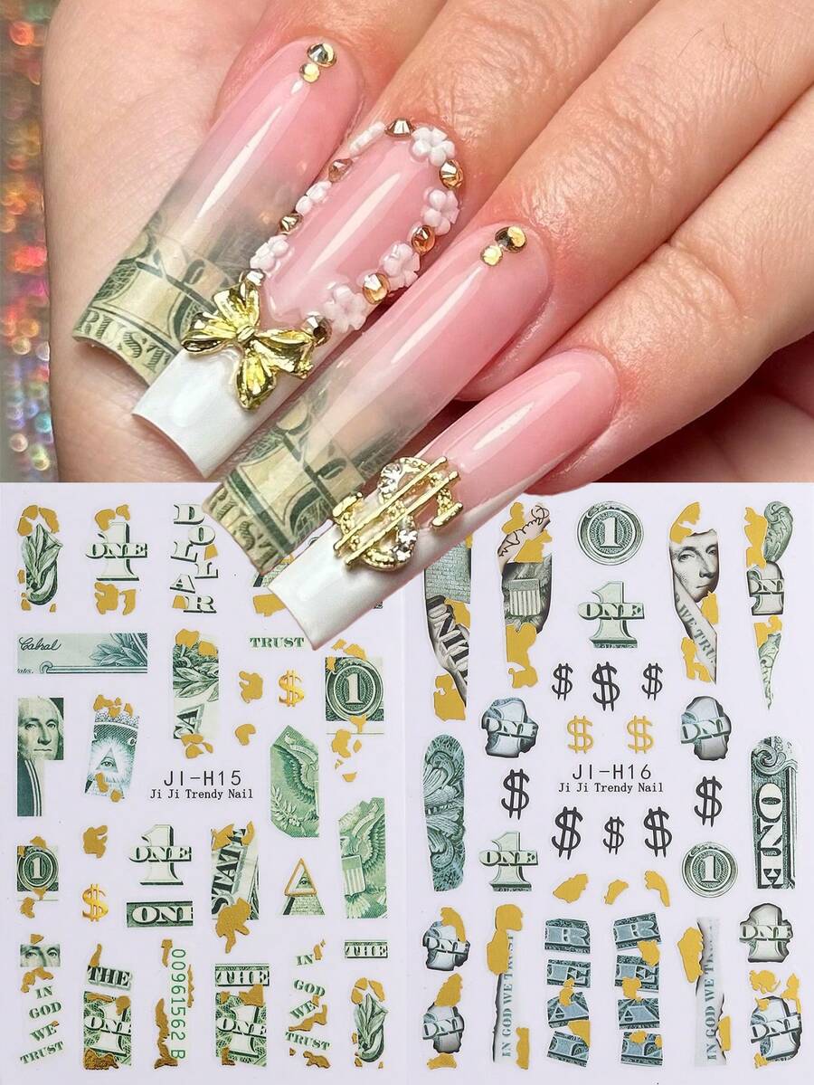 美元美甲贴纸，烫印奢华美元符号$现金设计自粘美甲贴片，易于粘贴的滑动贴纸，适用于亚克力指甲和DIY美甲设计用品