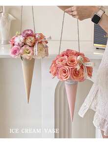 1pc Creative Ice Cream Cone Packaging Box Valentine'S Day Teacher'S Day Flower Bouquet Tube Ice Cream Cone Flower Tube Flower Packaging Handmade Bouquet DIY Material, Gift Wrap Storage - Multicolor - View 1