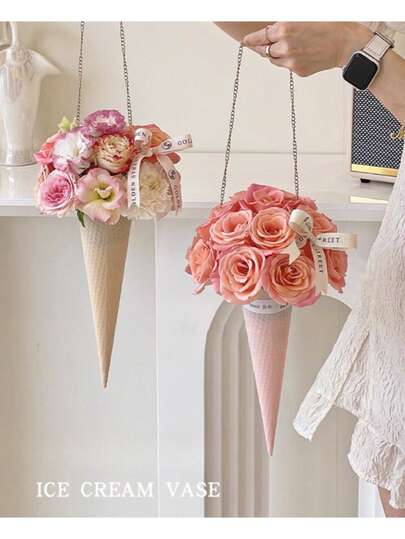 1pc Creative Ice Cream Cone Packaging Box Valentine'S Day Teacher'S Day Flower Bouquet Tube Ice Cream Cone Flower Tube Flower Packaging Handmade Bouquet DIY Material, Gift Wrap Storage