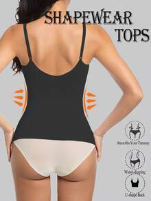 女士无缝塑身连体衣上衣运动打底衫女士收腹背心圆领罗纹连体衣塑形弹力胸部支撑压缩内衣基础T恤上衣女士塑身吊带裙 - 黑色 - 查看 2