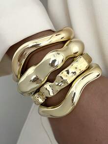 Set Gelang Bangle Minimalis Vintage 3/1 buah dari Bahan Akrilik & Resin Bergelombang, Cocok untuk Pemakaian Sehari-hari Wanita, Dapat Ditumpuk, Pilihan Hadiah Sempurna untuk Liburan - Emas 3 - View 6
