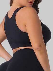 1pc Plus Size Women Casual Fashion Front Closure Adjustable Supportive Sports Bra, Seamless Soft Comfortable Wide Strap Full Coverage Tight-Fitting Bra, Removable Pads, Suitable For Daily Wear, Fitness, Yoga - Black - View 6