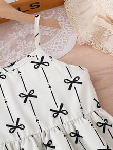 Toddler Girls' Casual Cute Bow Striped Heart Print Strap Dress, Minimalist Style, Spring/Summer - Black and White - View 5