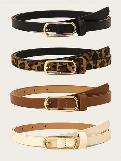 4 piezas Cinturón con estampado de leopardo y hebilla de aleación, cinturón de mujer para pantalones, jeans, vestidos