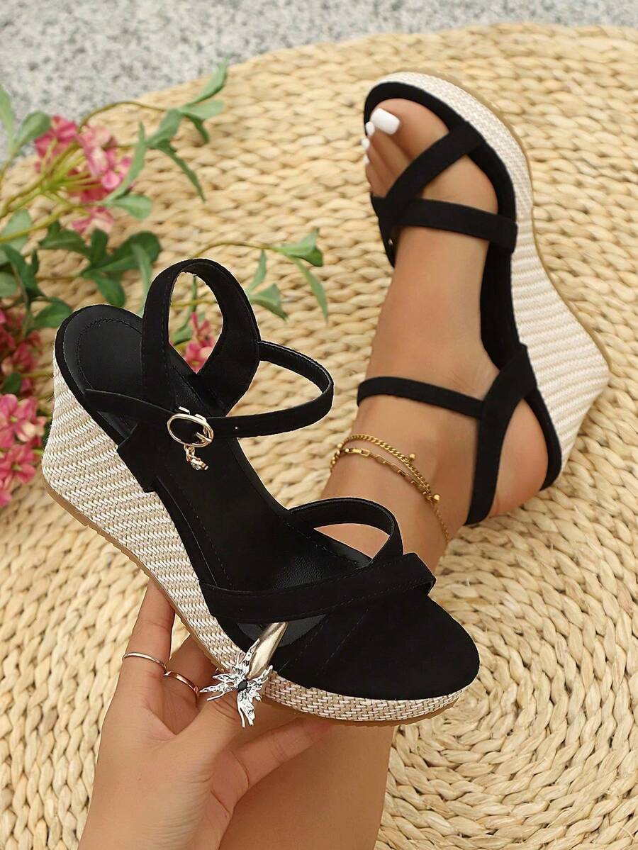 Giày sandal đế xuồng mùa hè mới, đế dày, chống thấm nước, đa năng giúp tăng chiều cao và tạo dáng thon gọn. - màu đen - Xem 1