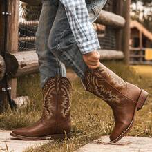 1 Pair Kids Cowboy Boots For Boys Girls Western Riding Shoes Square Toe Wide Calf Hunting Walking Adventure Toddler Little Big Kid - 全棕色 - 查看 1