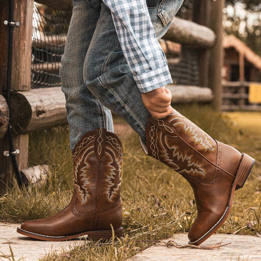 1 Pair Kids Cowboy Boots For Boys Girls Western Riding Shoes Square Toe Wide Calf Hunting Walking Adventure Toddler Little Big Kid - 全棕色 - 查看 1