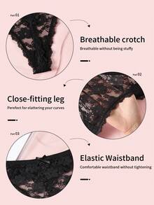 6pcs/Pack Women's Solid Color Lace Patchwork Sexy Low Waist Thong Panties With Cute Bow, Stretchy & Breathable Underwear - Multicolor - View 10