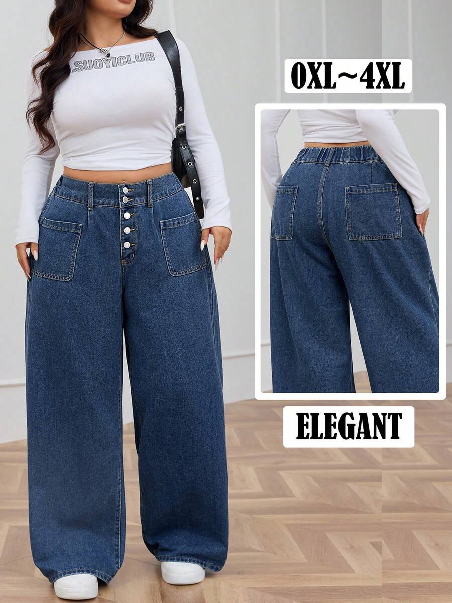 深蓝色水洗前扣直筒加大码男友风牛仔裤，优雅日常休闲高腰长裤，夏季款 - 深色水洗藍 - 查看 1