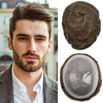 Man Toupee Human Hair Wig Replacement System 8x10 Lace PU Skin Base 0.1-0.12mm Thickness Body Wave Style High-Quality Wig #3 Colored Versatile Men's Capillary Prosthesis Smooth-Looking Men's Hairpiece