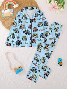 2件套男童及青少年休闲卡通怪兽汽车印花翻领长袖开衫和长裤睡衣套装，阻燃，四季皆宜
