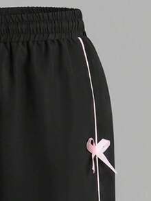 少女字母印花长袖上衣和蝴蝶结装饰休闲裤套装 - 白色 - 查看 5