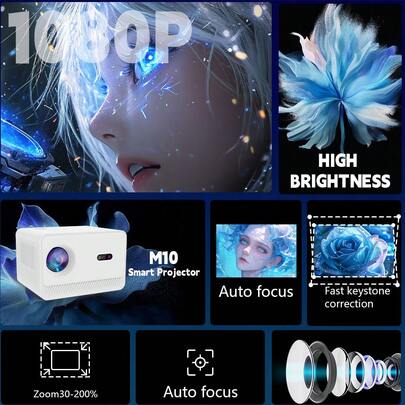 M10 Mini Projector | Portable, Native 1080P, Wi-Fi 6, Android 13, 200 ANSI Lumens, LCD Technology, Button Control, Table Mount