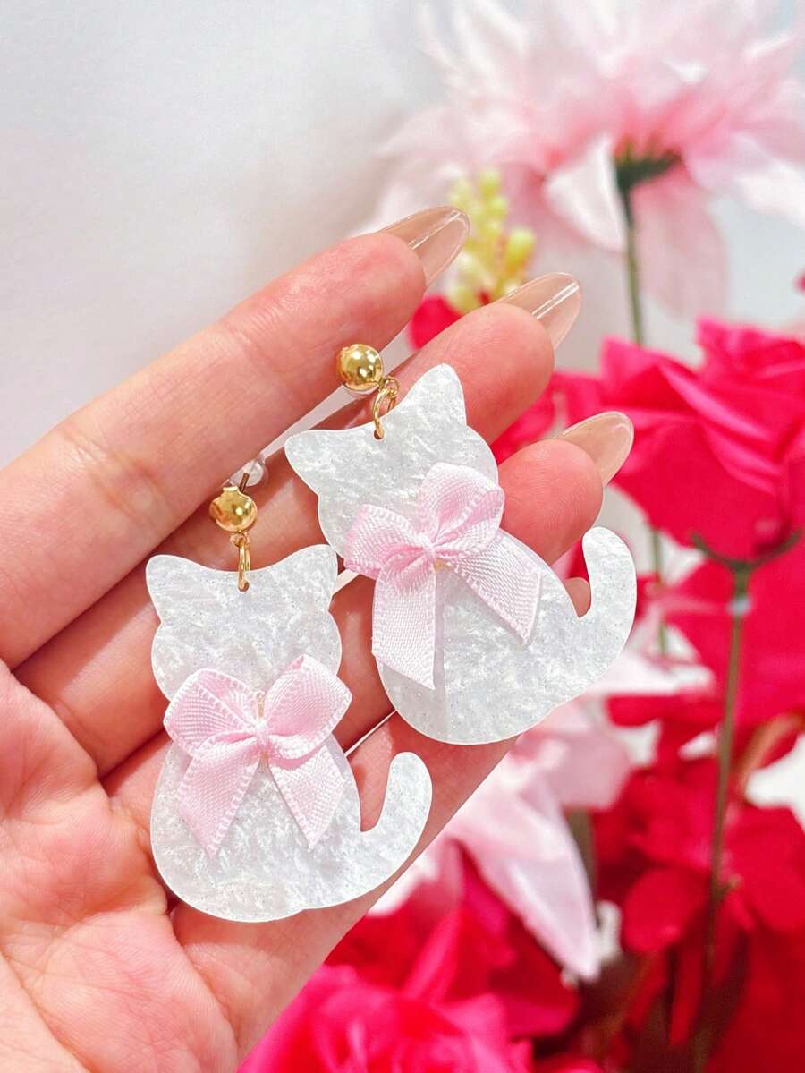 1 Pair Cute Acrylic Bling Bling Earrings, Lovely Pink Bow & 3D Sequin White Kitten Earrings, Elegant Earrings Gift For Women - Multicolor - View 1