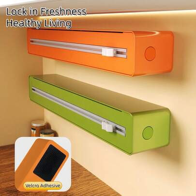 1pc Colorful Hook And Loop Kitchen Cling Film Upgrade Set, Includes Aluminum Foil And Cling Film Cutter, Cling Film Cutter Rack, Garbage Bags, Convenient For Kitchen Use, And A Plastic Bag Storage Rack