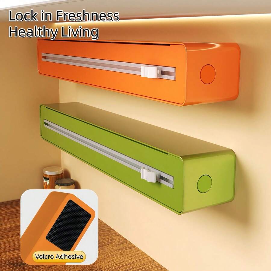 1pc Colorful Hook And Loop Kitchen Cling Film Upgrade Set, Includes Aluminum Foil And Cling Film Cutter, Cling Film Cutter Rack, Garbage Bags, Convenient For Kitchen Use, And A Plastic Bag Storage Rack - 802 - View 1