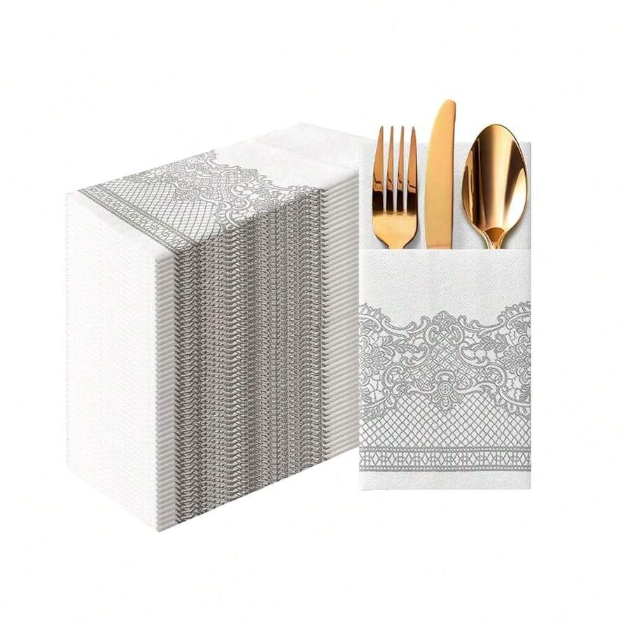 PAW - Linen Feel Napkins With Built-In Flatware Pocket, Soft And Absorbent Paper Pre-Folded Napkins With Silver Lace, Elegant Guest Towels, Wedding Party, Dinner, Birthday, Gatherings, 50 Count,Flatwpkins,RoyalLaceSilver - RoyalLaceSilver - 查看 1