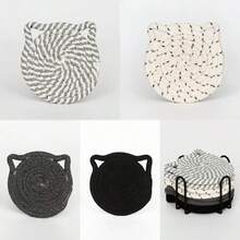 4/8pcs Cat Ear Coasters Set, Handmade Bright Pink Woven Coasters, Non-Slip Absorbent Drink Coasters (With Holder), Home Decor, Gifts For Valentine''s Day And Mother''s Day