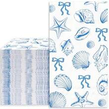 D50Pcs Ocean Guest Napkins Blue Bow Starfish Seashell Disposable Paper Napkin Coastal Beach Dinner Hand Towel Napkin For Bathroom Summer Wedding Party Table Plies - Màu xanh lam - Xem 1