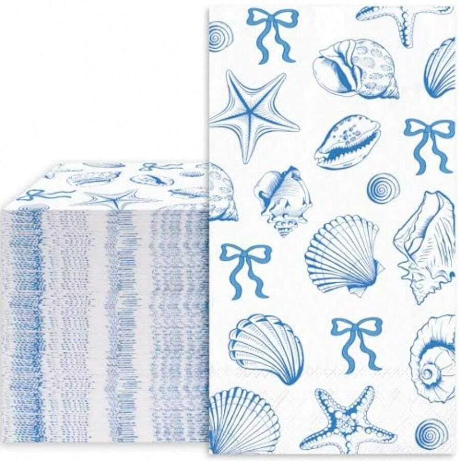 D50Pcs Ocean Guest Napkins Blue Bow Starfish Seashell Disposable Paper Napkin Coastal Beach Dinner Hand Towel Napkin For Bathroom Summer Wedding Party Table Plies - Màu xanh lam - Xem 1
