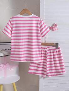 2pcs/Set Girls Casual Striped Bow Decor Short Sleeve Top And Shorts Set, Summer - Pink - View 3