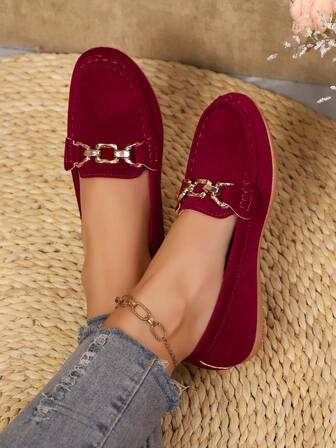 New Plus Size Casual Lightweight Flat Slip-On Loafers, Versatile For Daily Commute, Vacation, Shopping, Comfortable Solid Color Metal Buckle Round Toe Breathable Leather Patchwork Handmade Simple Elegant Women Red Metal Buckle Moccasins