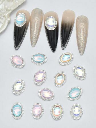 10 Pieces Mocha Oval Nail CharmsLight Luxury Crystal Aurora Nail ArtDecorations For Dly Manicure