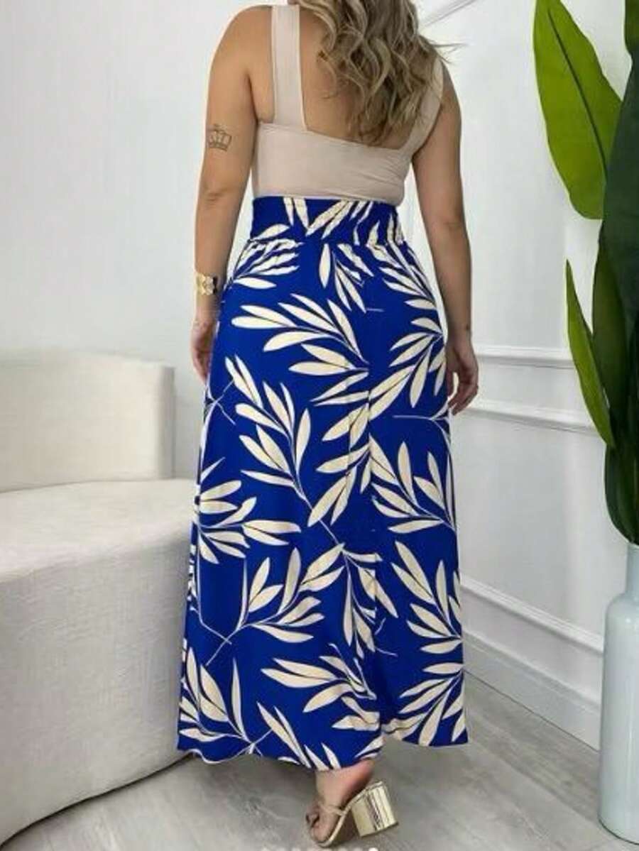 Long, Printed Viscose Skirt, Lined, High Waist With Pockets And Side Slits. - 寶藍色 - 查看 1