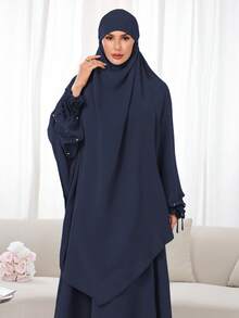 مجموعة حجاب + عباية مسلمة 2 قطعة، قماش نيدا أحادي اللون، لطيف على البشرة وقابل للتنفس، خمار طويل مزدوج الطبقة، مناسب للنساء المسلمات للارتداء اليومي والصلاة، جميع الفصول