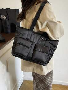 Large Capacity Tote Bag, Nylon Material Shoulder Bag, Sturdy & Durable Casual Commuter Bag For Students - Black - View 2