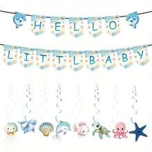 Underwater World Spiral Banner And Flag Set - Ocean-Themed Party Decorations With "Hello Little One" Design, Perfect For Youngsters' Birthdays, Gender Reveal Parties, And First Anniversary Celebrations, Youngsters Shower Decorations - 藍色 - 查看 2