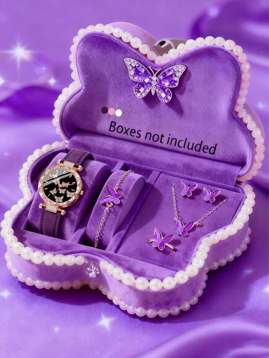 6/5pcs Set Elegant Fashion Delicate Butterfly Dial Quartz Watch, Paired With Butterfly Necklace, Bracelet, Ring, Earrings, Jewelry Set, Suitable For Girls' Daily Wear, Christmas Gift, Birthday Surprise, Graduation Season, School Party, Travel, Perfect Gift For Girls (Excluding Gift Box)