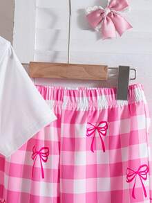 2pcs/Set Girls Casual Butterfly Print Short Sleeve Top And Plaid Butterfly Print Long Pants, Summer Outfit - Pink - View 8