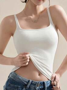 1pc Casual Basic Camisole Top With U-Shape Open Back &  Padded, Workout - White - View 1