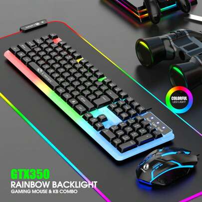 Teclado con sensación mecánica con cable de 104 teclas y juego de mouse con retroiluminación LED RGB, ideal para juegos y uso de oficina