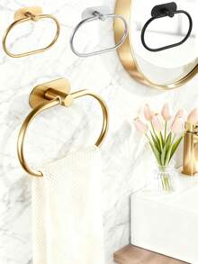 OBOVAY 浴室壁挂式毛巾架，毛巾杆，不锈钢毛巾环，毛巾架，哑光黑粘性布架，重型毛巾挂钩，面巾架，挂钩，浴室收纳整理架，五金配件，银色/金色，防水 - 彩色 - 查看 1