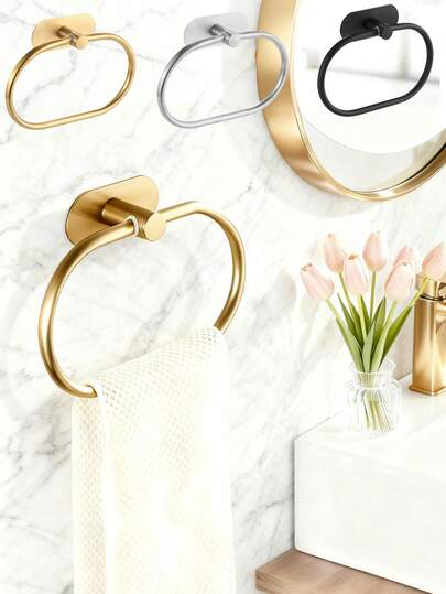 Bathroom Wall Mounted Towel Rack, Towel Bar, Stainless Steel Towel Ring, Towel Holder, Matte Black Adhesive Cloth Rack, Heavy Duty Towel Hook, Facial Towel Rack, Hooks, Bathroom Storage Organizer, Hardware Accessories, Silver/Gold, Waterproof