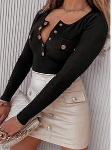 Plus Size Women Spring Long Sleeve Loose Casual Round Neck Half-Open Collar Metal Button Decorated T-Shirt - Black - View 4