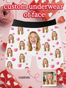 1 件定制男士平角内裤 - 个性化人脸和粉色爱心图案，男士定制内衣 | 顶级生日/周年纪念礼物，理想的男友礼物，可定制商品，男士内衣，男士礼物，圣诞礼物，成人圣诞袜填充物，送给男友的高品质百搭礼物 - 彩色 - 查看 4
