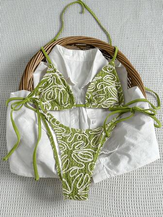 Bikinx Women's Summer Fashion Irregular Stripe Triangle Tie-Side Vacation Bikini Set